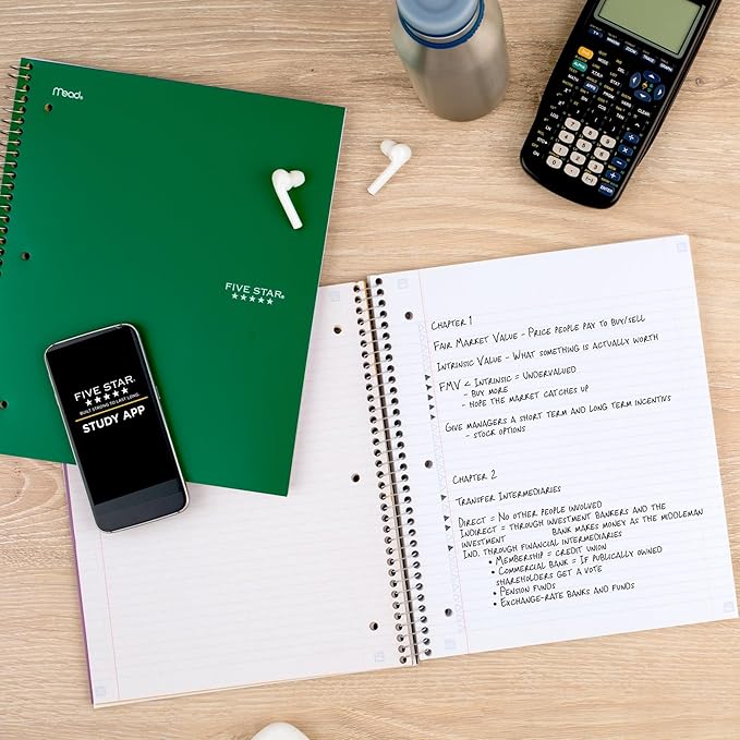 Five Star Spiral Notebook + Study App, 3 Subject, College Ruled Paper, Fights Ink Bleed, Water Resistant Cover, 8-1/2" x 11", 150 Sheets, Green (72067)