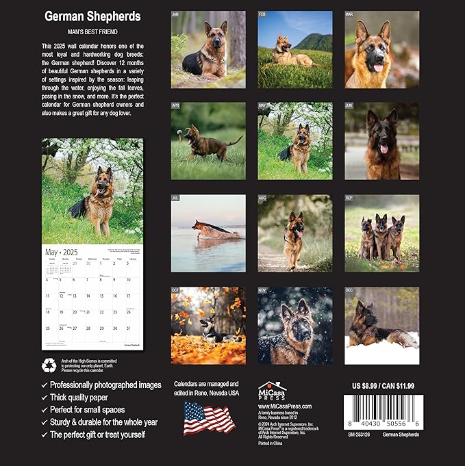 MICASA German Shepherds Mini 2025 Wall Calendar 12 Month | 7" x 14" Open | Thick & Sturdy Paper | Giftable | Calendar 2025