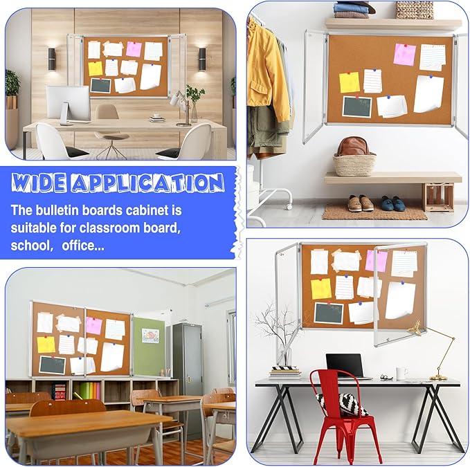 2 Pack Enclosed Bulletin Board 48" x 36" Weather Resistant Lockable Enclosed Cork Case Display Noticeboard Wall Mounted 2 Locking Door Aluminum Frame for School Classroom Office, 12xa4, Brown