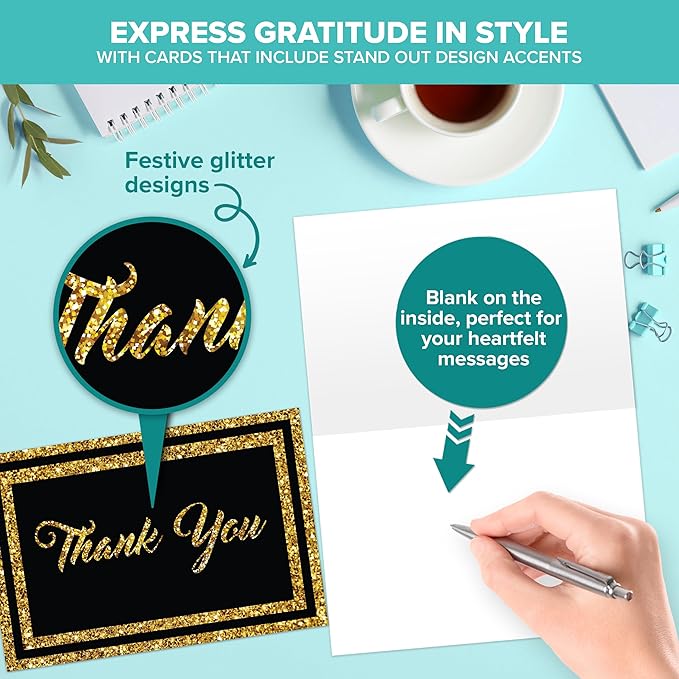 Decorably 24 Pack Glittery 6x4in Black and Gold Thank You Cards with Envelopes and Stickers, 6 Elegant Designs Black Thank You Cards, Blank Inside - Birthday, Wedding, Anniversary