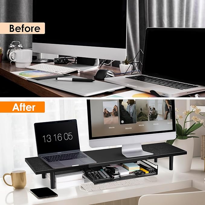 Dual-Computer-Monitor-Stand-Riser For Desk, Expandable Desk Shelf With Drawer For 2 Monitors, Desk Accessories & Workspace Organizers,TV Riser, Desktop Double Laptop Riser With Storage