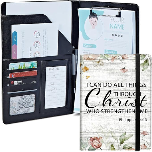 Bible Philippians 4:13 Padfolio Folder with Clipboard,Portfolios Organizer Clipboards with Storage Clipboard Writing Pad PU Leather Conference Document Organizer with Business Card Holder