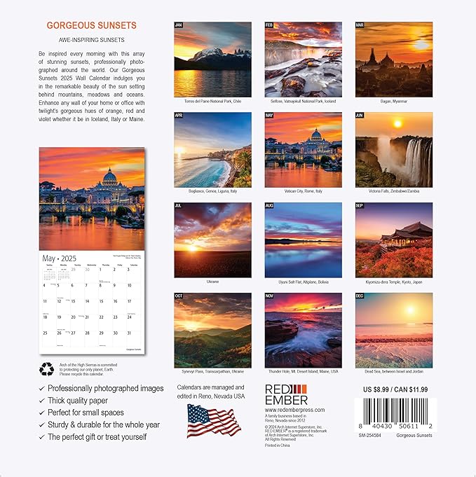 RED EMBER Gorgeous Sunsets Mini 2025 Wall Calendar 12 Month | 7" x 14" Open | Thick & Sturdy Paper | Giftable | Calendar 2025