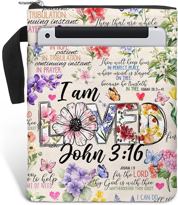 Book Cover Bag with Zipper and Front Pocket. Christian Faith Religious Gift for Book Lovers. Washable Fabric 11 X 8.5 Bible Book Sleeve Bag. Padded Protector Pouch. I am Loved.