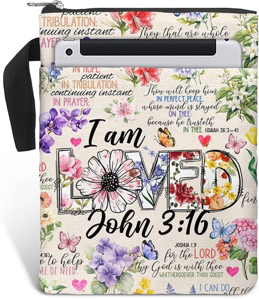 Book Cover Bag with Zipper and Front Pocket. Christian Faith Religious Gift for Book Lovers. Washable Fabric 11 X 8.5 Bible Book Sleeve Bag. Padded Protector Pouch. I am Loved.