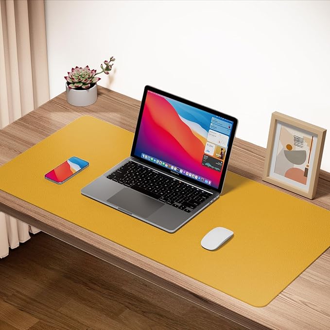 Boutilon Leather Desk Pad 35"x 17" Non-Slip Mouse Pad,Office Desk Mat,Waterprooft PU Leather Desk Blotter,Desk Pad Protector,Desk Writing Pad for Home Office Decor (L-Yellow,35"x 17")