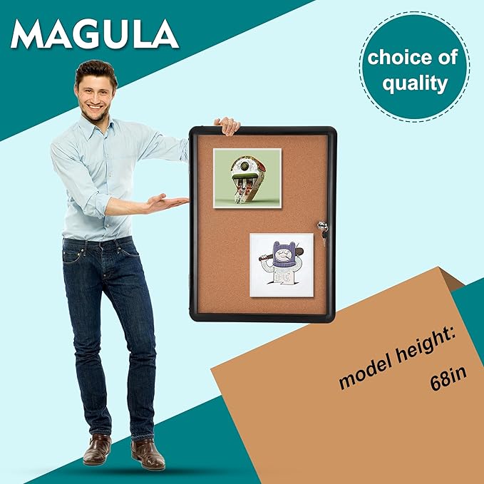 Magula 24"x18" Enclosed Cork Bulletin Board Tamper-Proof Dispaly Case, Black Aluminium Frame, Shatter Resistant Lockable Bulletin Board, Enclosed Cork Board for School, Office,Commercial,Hospital etc