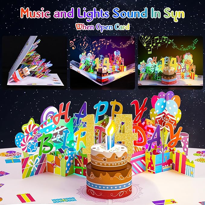 Gumry 14TH Musical Birthday PopUp Card, Blowable Colorful Light Candle 3D Cards with Song, Applause Cheers Sound, Greeting Cards Birthday Gifts Decorations for Girls Boys Turning 14 Years Old