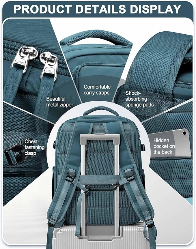 SEAFEW Peacock Blue Travel Backpack for Women,Carry on Backpack Flight Approved,Casual Daypacks Cabin Bagage,Hiking Backpack Lightweight Rucksack(Large)