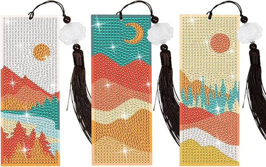 Anseal 3 Pcs 5D Diamond Bookmarks Painting for Book Lovers, PU Leather Fall Diamond Art DIY Bookmark for Women Girls, Tassel Beaded Book Mark for Graduation Birthday Reading Present