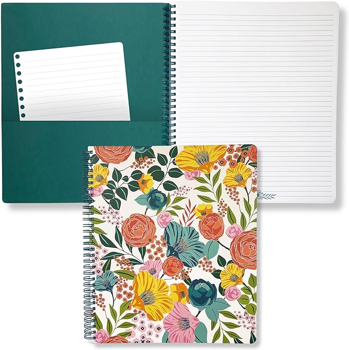Steel Mill & Co Cute Large Spiral Notebook College Ruled, 11" x 9.5" with Durable Hardcover and 160 Lined Pages, Garden Blooms (Cream)