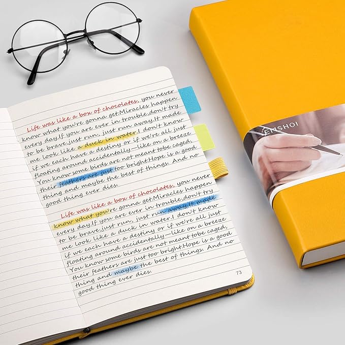 EMSHOI Lined Journal Notebook - 120gsm Thick Leather Journal with Sticky Notes, 256 Numbered Pages A5 Hardcover College Ruled Notebook for Women Men Work School Writing, Medium 5.75" x 8.38"-Yellow