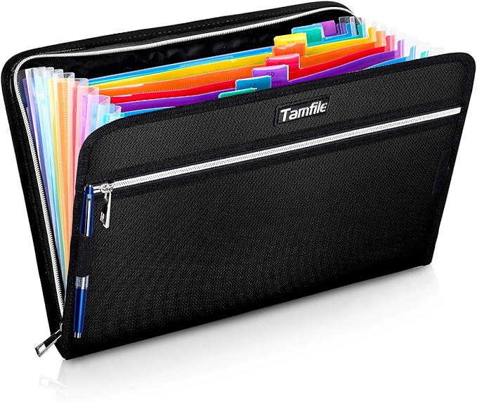 Fireproof Safe Waterproof Accordion File Bag Folder Expanding Filing Folder with 14 Multicolored Pockets, A4 Letter Size, Document Organizer Holder and Color Labels /2 Zipper (Black 14.3" x 9.8")