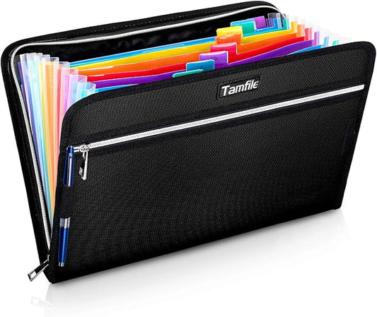 Fireproof Safe Waterproof Accordion File Bag Folder Expanding Filing Folder with 14 Multicolored Pockets, A4 Letter Size, Document Organizer Holder and Color Labels /2 Zipper (Black 14.3" x 9.8")