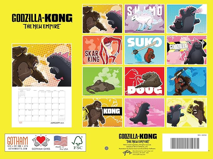 Godzilla X Kong Calendar 2025 The New Empire Movie Chibi Anime Style Monthly Wall Calender 12 Month | American Made In The USA