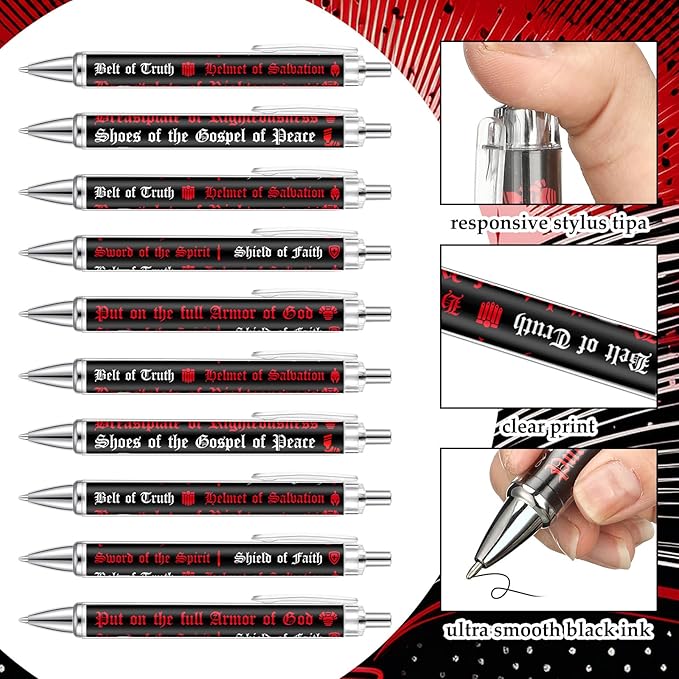 50 Pcs Put on the Full Armor of God Ballpoint Pens Bulk Ephesians 6: 10-18 Bible Verses Motivational Black Ink Pen Christian Religious Church Gifts in Bulk for Men Women