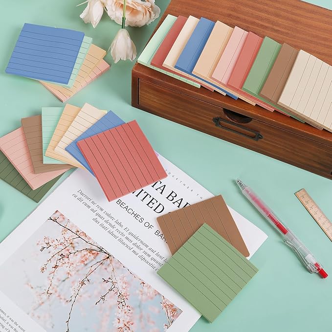 24 Pack Lined Sticky Notes 3x3 in Post Ruled Stickies Super Sticking Power Memo Pads, Vintage Colors Sticky Notes with Lines Self-Stick Note Pads