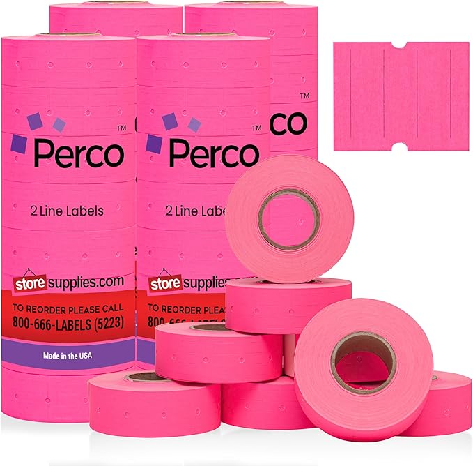 Perco 2 Line Fluorescent Pink Labels - 32 Rolls, 4 Sleeves, 24,000 Blank Price and Date Gun Labels for Perco 2 Line Price and Date Guns - Made in USA