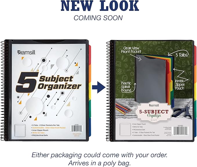 Samsill 10 Pocket Poly Organizer with 5 Dividers,File Folders Letter Size,Customizable Front Cover,Inner Zipper Pouch,Erasable Write-On Tabs in Assorted Colors,Plastic Folder with Pockets