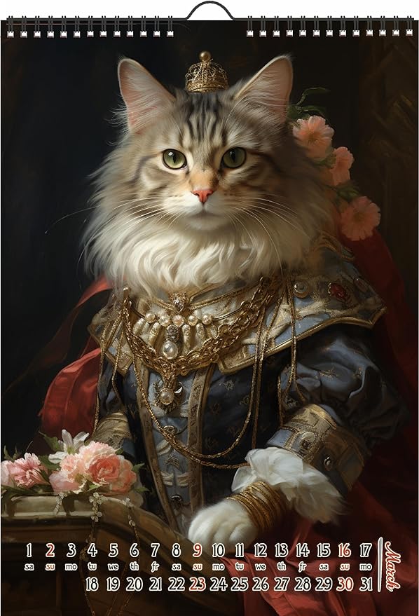 2025 Wall Calendar [12 pages 8"x12"] Queen Cats as Elegant Royal with Gorgeous Victorian Dresses Vintage Book Illustration Poster