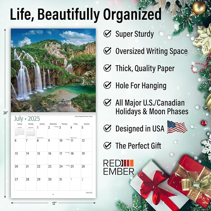 RED EMBER Waterfalls 2025 Wall Calendar 12 Month | 12" x 24" Open | Thick & Sturdy Paper | Giftable | Calendar 2025