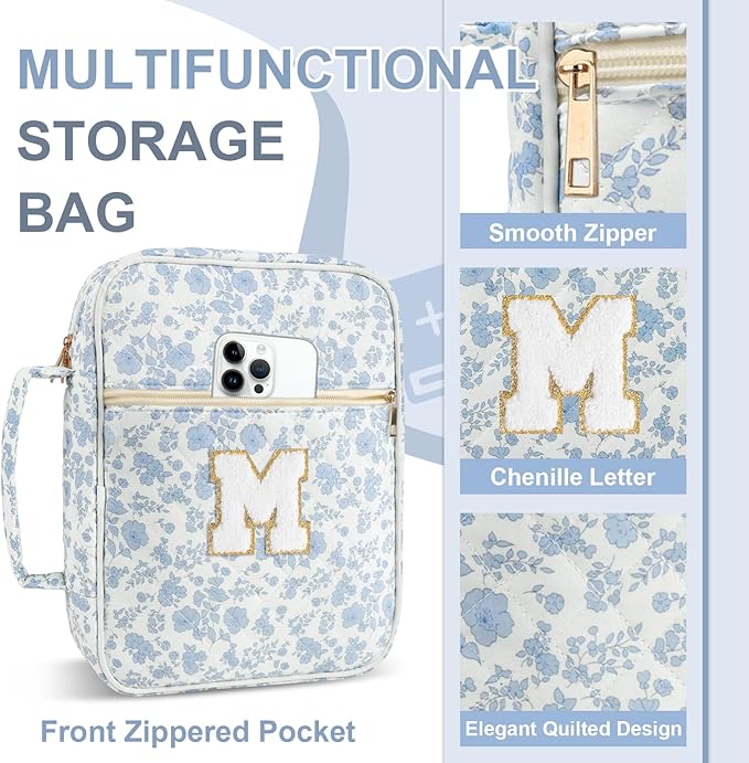 Personalized Initial Bible Cover Case for Women Girls Kid - Large Quilted Bible Case with Handle, Stylish Chenille Letter Bag Study Supplies, Perfect Christmas Gifts for Christians (Blue Flower-M)