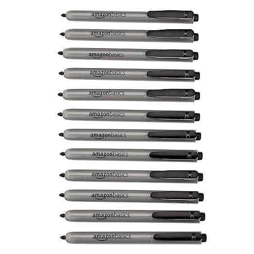 Amazon Basics Permanent Markers, Retractable, 12 Count, Art Supplies for Home, School, and Office Use, Black