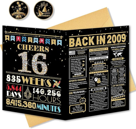 16th Birthday Card, 16th Birthday Decorations for Girls Boys, 16th Birthday Gifts for Son Daughter, Back in 2009 Birthday Card, Black Gold