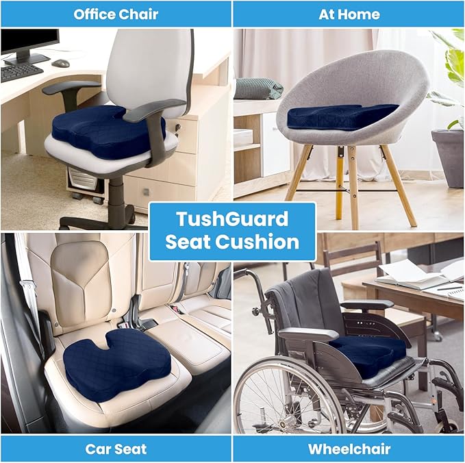 TushGuard Seat Cushion - Memory Foam Cushion for Office Chair, Car Seat, Airplane, Bleacher - Sciatica & Coccyx Pain Relief Desk Chair Cushion for Long Sitting Office Workers, Car Drivers(Blue)