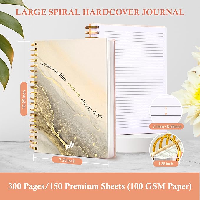 Journals For Writing - 10.25" X 7.25" 300 Pages, Hardcover Spiral Notebook College Ruled, Spiral Journal For Women, Large Journal, Women's Journal (Create Sunshine) Marble