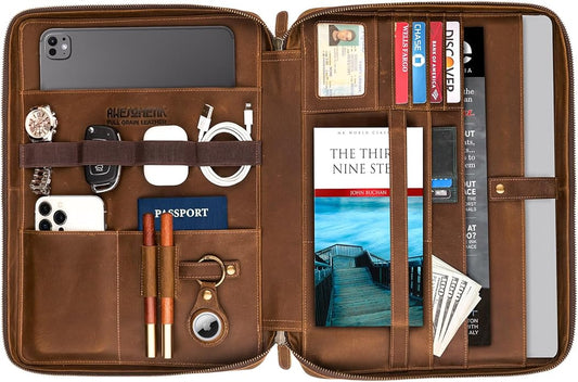 Awesometik Leather Organizer,Mac Bag Genuine Full Grain Leather,Crazy Horse Leather Portfolio Bag,Bag with Multiple Slots