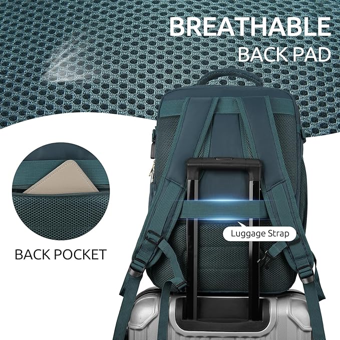 Travel Backpack for Women, Carry On Backpack for Airplanes Flight Approved, Waterproof Large Weekender Overnight Bag Fit 17 Inch Laptop with USB Charging Port, Peacock Blue