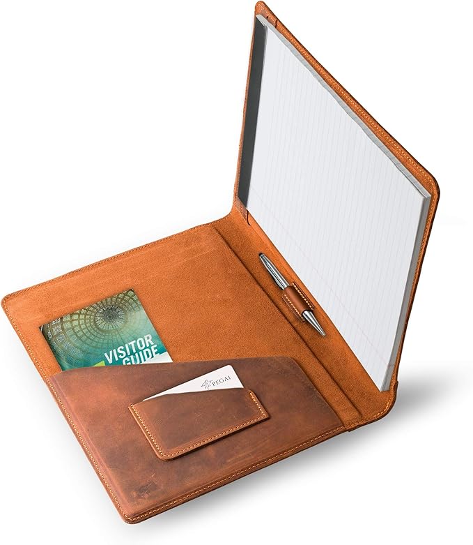 PEGAI Handmade 100% Leather Padfolio, Legal Pad Organizer for Business School Office Conference, Heavy Duty Full Grain Cow Hide Resume Interview Folio, Amazing Gift Idea | Marshall (Mahogany Brown)