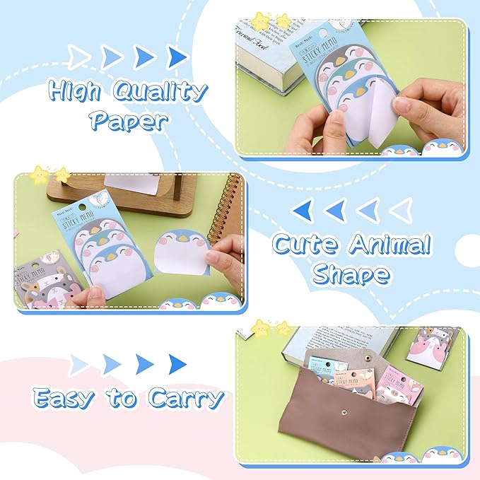 Cute Sticky Notes, 6 Pack 270 Sheets Kawaii Cartoon Animal Sticky Notes, Mini Cartoon Notes Animals Shape Markers Flags Self-Stick Memo Pads for School Home Office, JT-BG072-06