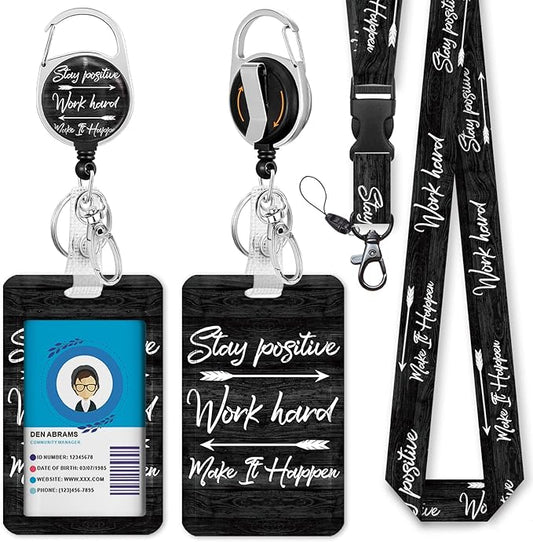 ID Badge Holder with Breakaway Lanyard, Inspirational Quote Lanyards for ID Badges Ajustable, Positive Retractable Badge Reel Heavy Duty, Teacher Nurse Work Office Gifts