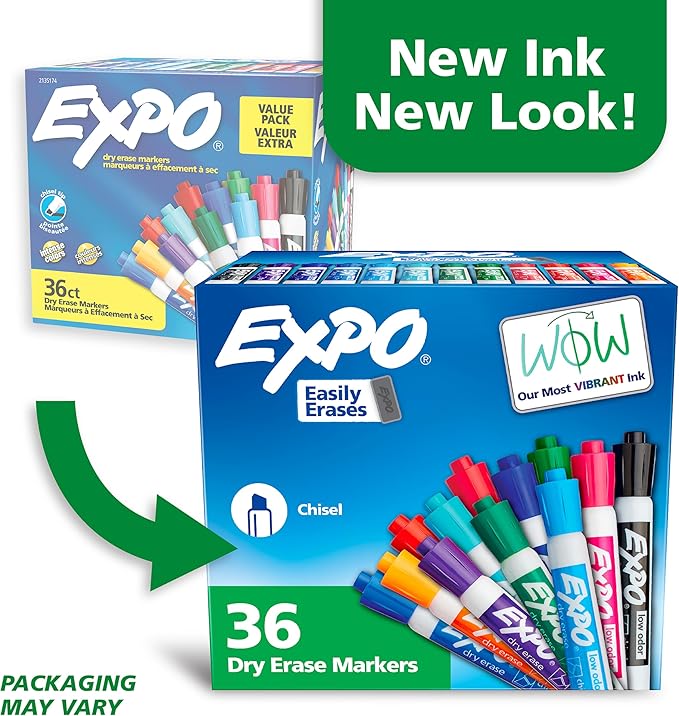 EXPO Low Odor Dry Erase Markers, Chisel Tip, Assorted Fashion Colors, 36 Count for Classroom, Office & Home Use