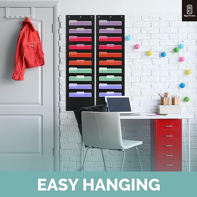 Hippo Creation Heavy Duty Storage Pocket Chart for Classroom, 10 Pocket Storage Organizer with 6 Over-Door Hangers, Hanging Wall Organizer for File Folders, School Mailbox, Home Office Papers - Black