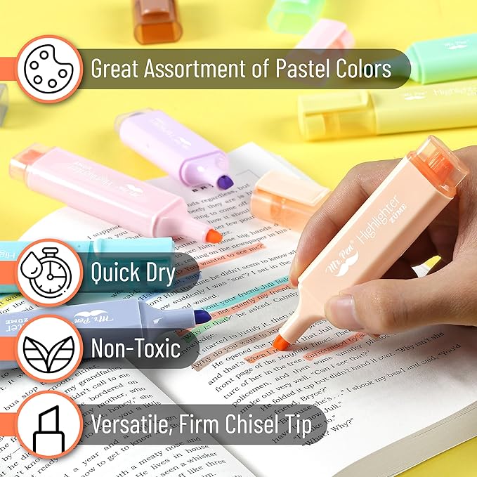Mr. Pen- Pastel Highlighter, 8 pcs, Tank Style, Chisel Tip, Cute No Bleed Bible Highlighter, School Supplies