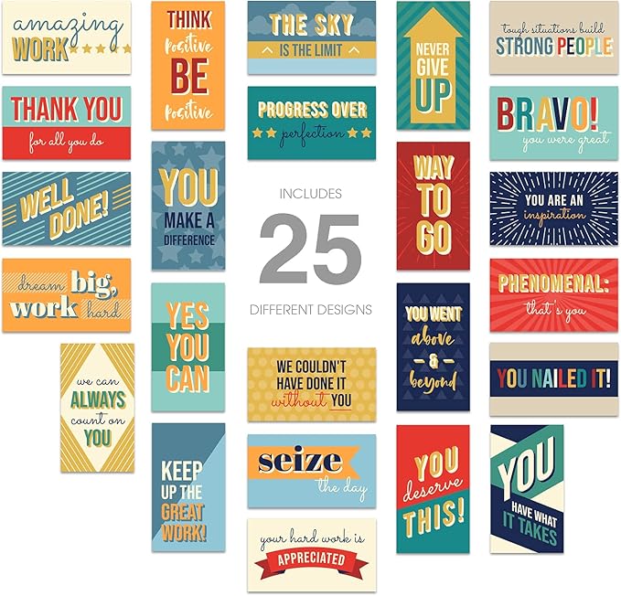 Canopy Street Colorful Gratitude Encouragement Cards / 50 Motivational Kindness Cards / 25 Inspirational Quote Designs/Flat 2" x 3.5" Employees Students Coworkers Uplifting Mini Card