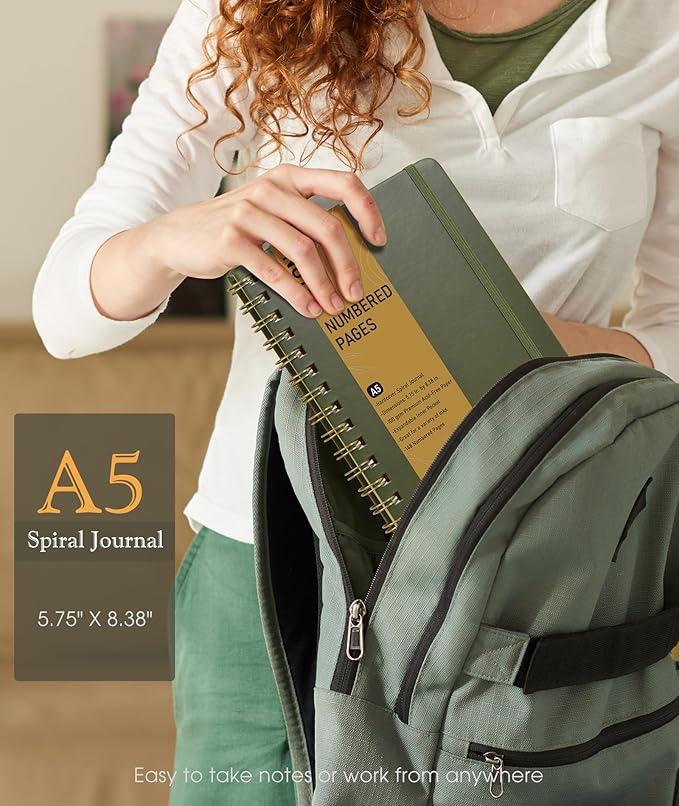 Lined Spiral Journal Notebook, A5 Hardcover Spiral Journals for Women Men, 150 Numbered Pages Spiral Bound Notebook, 100 GSM College Ruled Notebooks for Writing Note Taking 5.75" x 8.38", Olive Green