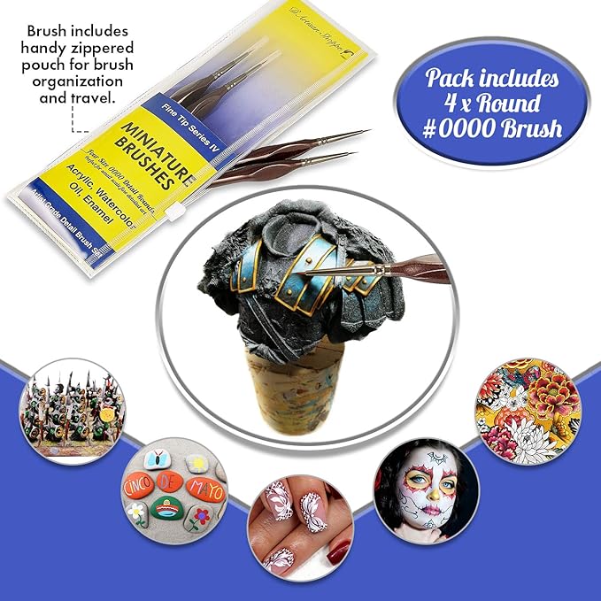 Micro Paint Brush Detail Set - Ultra Fine Tip Thin Paintbrush 4pc Round Size 0000 (4/0) for Tiny Miniature Painting. Model Mini Artist Brushes for Acrylic, Watercolor, Oil, Paint by Numbers Painting