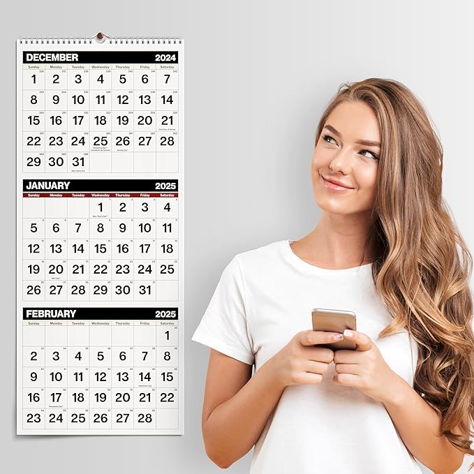 Dunwell Three Month View Calendar 2025 (Black), 11x26" Open, 3-Month Wall Calendar Vertical, Use to December 2025, 3 Panel, Ships Folded
