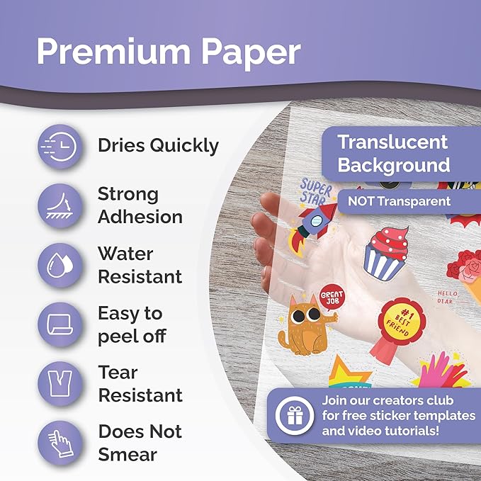 Translucent Semi-Clear Sticker Paper for Inkjet Printer & Laser Printer 62 Sheets - Self-Adhesive Water-Proof, Dries Quickly Vivid Colors, 8 ½ X 11 Inches Holds Ink Well - Tear Resistant