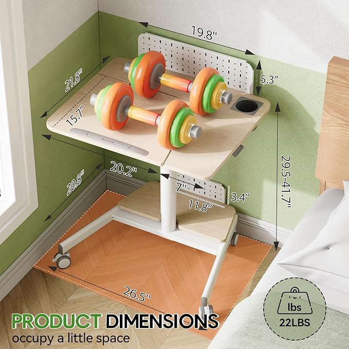 JOY worker Mobile Standing Desk with 60° Tiltable Desktop, 28" Height Adjustable Rolling Desk, DIY Pegboard & Storage Base, Portable Laptop Desk with 4 Lockable Wheels for Home Office, Oak