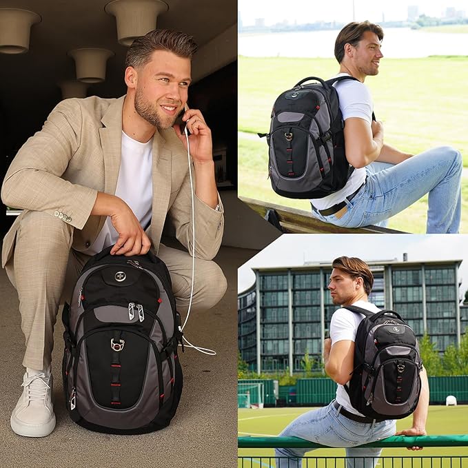 Swissdigital Design Large Business Laptop Backpack with Smart USB Charging Port, Travel Backpack Fits 15.6 inches laptops, Water Repellent College Backpack for Men Women (VECTOR SD803-02 Black/Grey)