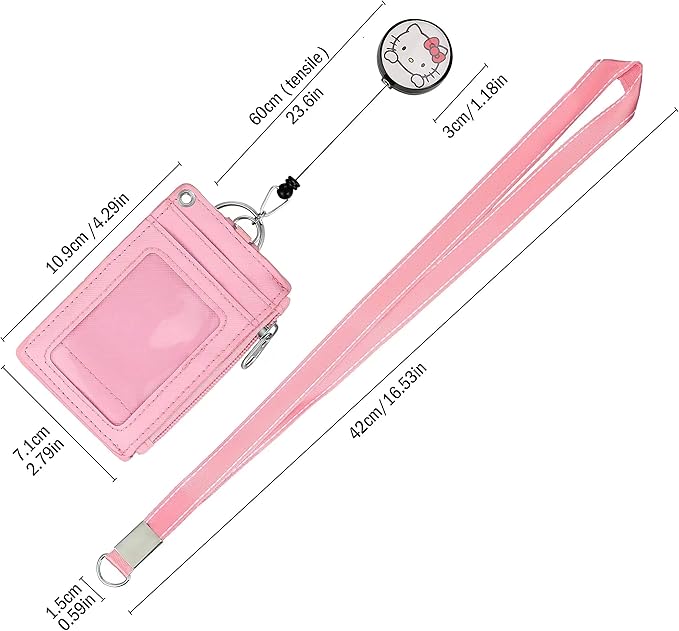 Cute ID Badge Holder Retractable Lanyard Reel Clip with Heavy Duty Carabiner,5 Card Slots in2 Sided with Key Ring and Zipper for Students Teens Boys Girls Office Staff Women (01 Pink CatA)