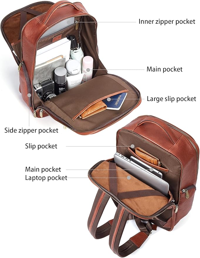 BOSTANTEN Leather Backpacks College 15.6” Laptop Travel Computer Shoulder Backpack For Men Coffeebrown