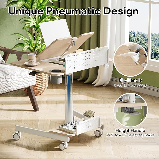 JOY worker Mobile Standing Desk with 60° Tiltable Desktop, 28" Height Adjustable Rolling Desk, DIY Pegboard & Storage Base, Portable Laptop Desk with 4 Lockable Wheels for Home Office, Oak