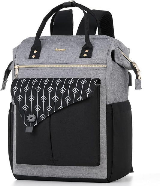 MOMUVO Laptop Backpack for Women Laptop Bag with USB Port, Student Bookbag Water Resistant Backpacks Teacher Doctor Nurse Work Backpack Stylish Travel Bags, Fits 17-Inch Laptop Grey Black