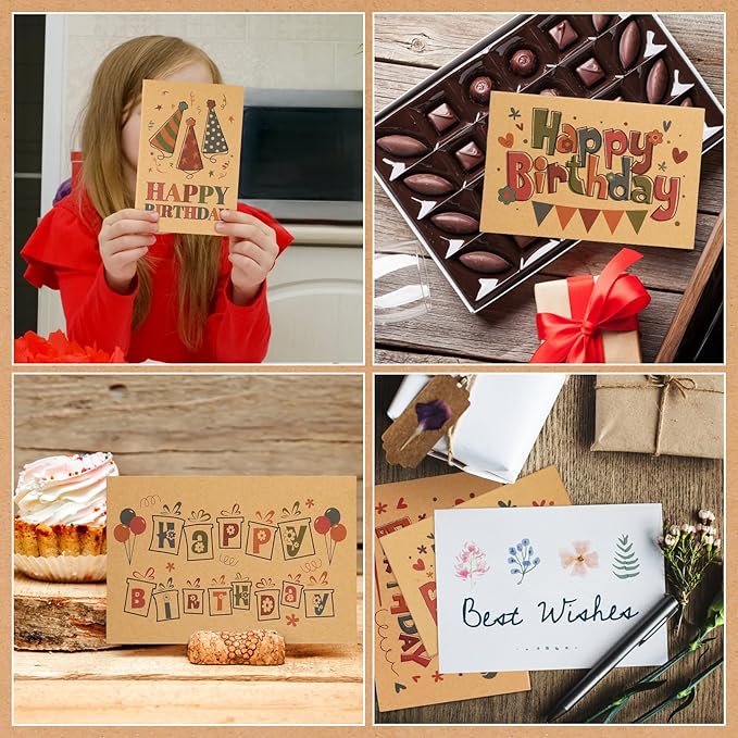 Harloon 200 Pack Happy Birthday Card Assorted Bulk with Blank Envelopes and Stickers 4 x 6 Inches Greeting Blank Happy Birthday Cards for Men Women Adults Kids, 20 Styles(Kraft Style)